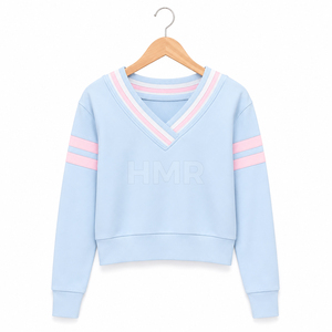 Sudadera Corta con Cuello en V Azul Claro de la Hermandad HMR con Rayas Rosas, Manga Larga, Tejido de Algodón, Estilo Casual - Product Image 5
