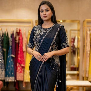 Sari en soie Chinnon de qualité supérieure prêt-à-porter, drapé, avec chemisier brodé - Product Image 1