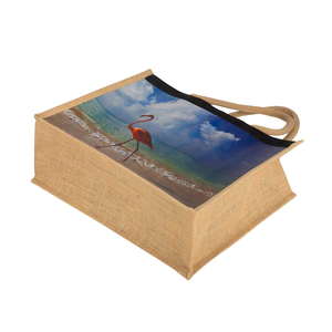 Jute Shopping <b>Bag</b> With Flamingo Beach Print <b>Large</b> Size Top Handle Reusable Tote For Beach Use - Product Image 3