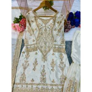 Valam - Conjunto de Salwar Kameez de Seda Beige para Diseñador de Moda, Elegante para Fiestas, Top, Pantalón y Dupatta, Talla M - Product Image 6