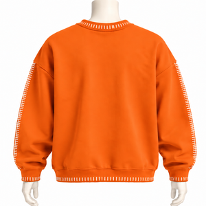 <b>Mens</b> <b>Orange</b> Stitched Border Distressed Crewneck Sweatshirt Loose Fit Pullover Long Sleeve Casual Streetwear Training Fashion Top - Product Image 2