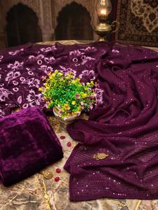 Women's <b>Purple</b> <b>Glitter</b> Print Saree With Floral Design Traditional Indian Wear For Wedding Floor-Length Regular Fit Stretchable S - Product Image 6