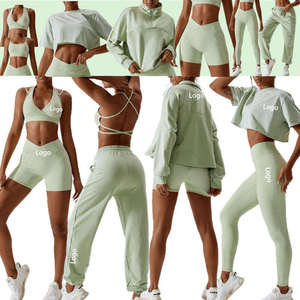 Ensemble de yoga pour femmes, haut court vert clair à col en V, short taille haute, respirant, en spandex et polyester, 2 pièces, sans couture - Product Image 1