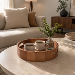 Bandeja Redonda de Madera de Acacia Premium con Asas |   Bandeja de Madera Hecha a Mano para Servir Desayuno, Café y Comida, para el Hogar y Hoteles - Product Image 2