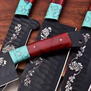 Ensemble de couteaux de cuisine forgés à la main sur mesure, 5 pièces, ensemble de couteaux de chef noirs martelés avec lame à motif floral gravé, manche hybride en résine turquoise - Product Image 2