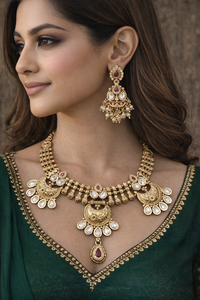 ชุดสร้อยคอเจ้าสาวอินเดียแบบ Kundan ทำจากทองเหลืองชุบทองพร้อมดีไซน์โบราณ ของขวัญแต่งงานและวันครบรอบสุดหรู - Product Image 2