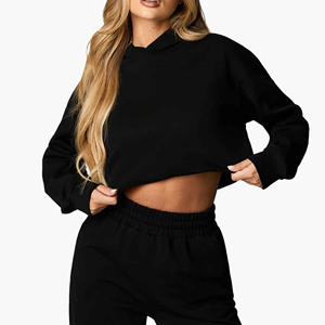 Sudadera con Capucha Negra Corta, Oversize, de Manga Regular, Tejida, de Color Sólido, Informal, para Otoño, Unisex - Product Image 1