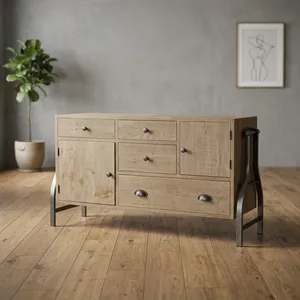 Aparador Industrial de Madera con Patas Metálicas, 4 Cajones, 2 Puertas, Roble Claro, Mueble de Almacenamiento para Sala de Estar - Product Image 1