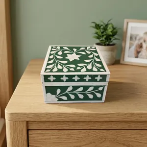 Floral Wooden Jewelry Box Handmade Bone Inlay Trinket Organizer Square Lid Storage Case Decorative Home Decor Storage Gift Box - Product Image 5