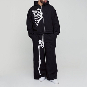 Conjunto Deportivo para Hombre con Estampado de Esqueleto Negro, Sudadera con Capucha y Cierre Completo, Pantalones Anchos, Estilo Casual Urbano para Otoño - Product Image 2