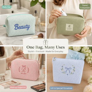 Custom Embroidered Beauty Branded logo Waffle Makeup Pouch Cosmetic <b>Bag</b> - Product Image 2