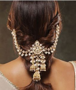 Chaîne de cheveux de mariée élégante plaquée or réglable avec perles et pierres précieuses, bijoux de cheveux faits à la main pour femmes - Product Image 1