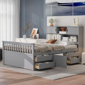 Full-Size Gray Captain Platform Bed Frame with Storage <b>Bookcases</b> & Shelves 4 Drawers-<b>Wooden</b> Beds - Product Image 1