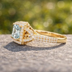 Square Cut Lab Grown Aquamarine Bezel Setting 925 Sterling Silver 14K Gold Plated Vintage Style Women's Engagement <b>Ring</b> Luxury - Product Image 2
