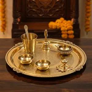 Juego de Thali de Metal Premium para Pooja con Grabado Floral Intrincado, Bandeja Redonda Decorativa para Puja con Campana Diya, Porta Incienso y Cuencos - Product Image 2