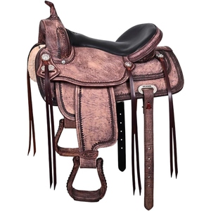 Selle de cheval western en cuir véritable faite à la main, équipement d'équitation haut de gamme avec étriers et sangles réglables - Product Image 1