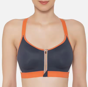 Soutien-gorge de sport gris foncé à bordure orange, fermeture éclair avant, maintien moyen, vêtements de yoga, design sans couture - Product Image 1