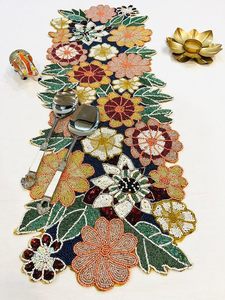 Embroidered Floral <b>Table</b> <b>Runner</b> Bohemian Home Decor Washable Red Pink Sequin Pattern - Product Image 1