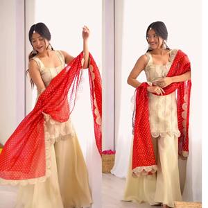 Ensemble ethnique en soie crêpe naturelle avec broderie lourde, haut à motifs numériques, palazzo et dupatta en dentelle imprimée numériquement, modèle MW 5042 - Product Image 1