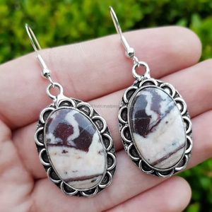 Pendiente de piedras preciosas de Plata de Ley 925, joyería hecha a mano, pendiente elegante, jaspe de coco, regalo para San Valentín - Product Image 1