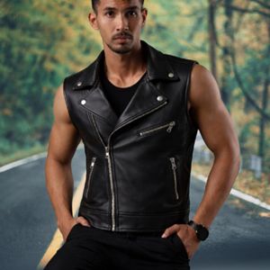 Chaleco de Motociclista Personalizado Unisex de Cuero Genuino Negro, Impermeable, Estilo Urbano, Sin Mangas, con Botones, Proveedor OEM ODM - Product Image 5