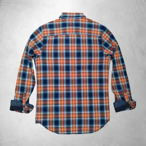 Chemise à carreaux orange, bleue et blanche pour homme, avec deux poches poitrine, manches longues, en flanelle, sans logo ni étiquette, vente en gros - Product Image 2
