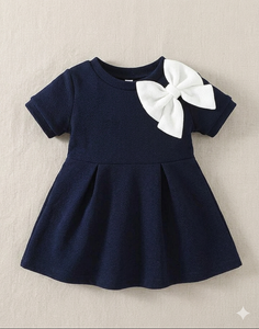 Girls Elegant Navy Blue <b>Bow</b> Dress / Kids Party Wear Fit & Flare Dress - Product Image 1