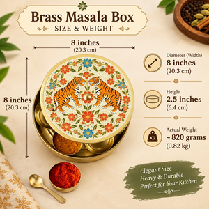 Handcrafted Round Brass Spice Box Royal Tiger Floral Printed Lid Masala Dabba Kitchen Storage Container Set With Spoon Wholesale - Product Image 4