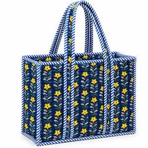 Floral Embroidered Canvas <b>Tote</b> <b>Bag</b> With Blue <b>White</b> Stripe Trim Bohemian Style Open Top Shopping <b>Bag</b> All Seasons - Product Image 1