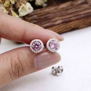 Handmade 18K White Gold Geometric Pattern <b>Diamond</b> Stud <b>Earrings</b> Natural Pink Spinel Gemstone Classic Designer Wedding Party - Product Image 2
