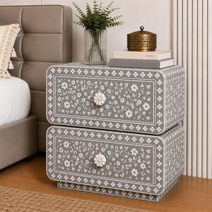 Elegant <b>Storage</b> Bone Inlay Bedside Table Handcrafted Wooden Cabinet For Stylish Bedroom Arrangement - Product Image 2