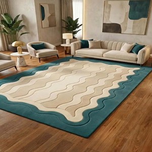 Tapis contemporain à bordures ondulées, bleu sarcelle et crème, en laine tuftée à la main, de luxe, pour salon moderne, chambre à coucher, décoration intérieure, pièce maîtresse - Product Image 1