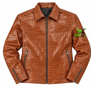 VANTEX SPORTS Men's Brown Croc Embossed Genuine Winter Motorcycle <b>Jacket</b> Stand Collar Breathable Fabric <b>Sheep</b> Lining Snake <b>Skin</b> - Product Image 3