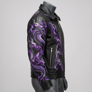 Veste en cuir pour homme, col rabattu, imprimé dragon noir et violet, fermeture éclair, style motard, vêtement d'extérieur, veste de mode haut de gamme personnalisée, vente en gros - Product Image 3