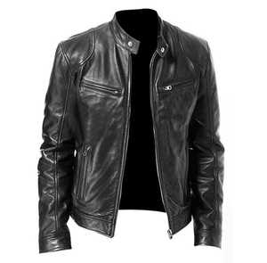 <b>Men's</b> Genuine <b>Leather</b> Waterproof Moto <b>Jacket</b> Stand Collar Zipper Closure Slim Fit Autumn Style Solid Color Finished Front Logo - Product Image 3