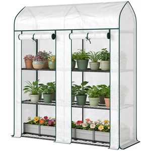 Mini Serra a 3 Livelli Bianca, Ecologica, Stile Tradizionale, 143,5 cm x 46,0 cm x 165,1 cm, Piccola e Portatile con 2 Porte in Legno Avvolgibili - Product Image 1