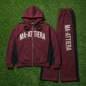 <b>Men</b> <b>Burgundy</b> Oversized Zip Up <b>Hoodie</b> and Wide Leg Sweatpants Two Piece Tracksuit Set - Product Image 5