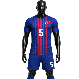 ORVO Sports Men's Customizable Blue Red Striped <b>Soccer</b> Jersey Short Sleeve Uniform Custom Logo Design Number 5 Football Kit - Product Image 1