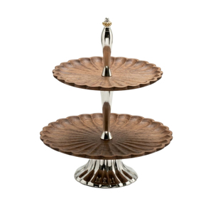 Eco-Friendly 2 Tier Wooden Cake Stand With Silver Metal <b>Tree</b> <b>Branch</b> Handle For Wedding Birthday Party Round Wood Dessert Serving - Product Image 3