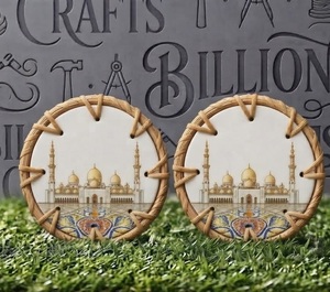 Round <b>Bamboo</b> Coaster With Mosque Design Handmade Oriental Table <b>Mat</b> Decorative Drink Pad - Product Image 2