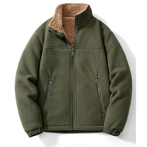 <b>Men's</b> <b>Fleece</b> <b>Jacket</b> Solid Color Stand Collar Full Zip Windproof Casual Winter Outerwear with <b>Sherpa</b> Lining and Zipper Pockets - Product Image 2