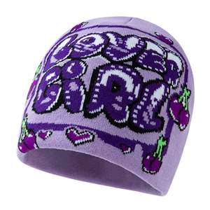 Gorros de punto sublimados con diseño personalizado OEM/ODM, gorros elásticos de algodón jacquard con logotipo bordado y lazos de frutas personalizados - Product Image 5