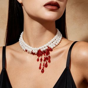 Collier ras du cou vintage rouge et blanc en fausses perles, avec pampilles perlées superposées, bijou fantaisie élégant pour femme, accessoire de fête - Product Image 2