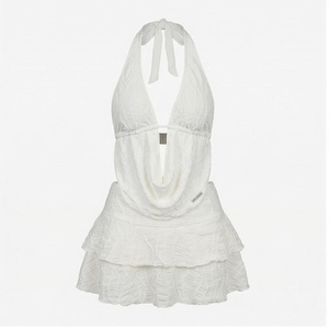 <b>White</b> Halter Swimdress With Ruffles Chiffon Solid Women's Beachwear One Piece Breathable Skirt Bottom - Product Image 1