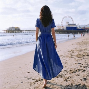 Low MOQ Handmade Organic Linen V-Neck Midi Breathable Plain Dyed A-Line Flowy Summer Beach Dress with Pockets for Women - Product Image 1