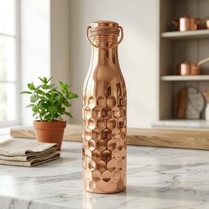 Embossed Honeycomb Copper Water Bottle Pure Copper Leakproof <b>Loop</b> Handle Bottle Ayurvedic Reusable Travel Kitchen - Product Image 1