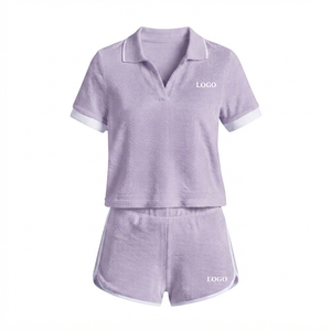 Ensemble 2 pièces tricoté rose pour femme : haut à col rabattu et manches courtes, en coton respirant, idéal printemps-été, personnalisable avec logo - Product Image 6