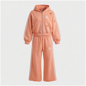 Conjunto Deportivo de 2 Piezas para Mujer, Color Durazno, con Capucha y Detalles de Pedrería, Sudadera Holgada con Cierre Frontal y Pantalones Deportivos, Otoño - Product Image 1