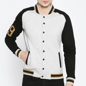 Men's Gray White Wool/Viscose Varsity Jacket Casual Regular Fit <b>Covered</b> <b>Button</b> Closure Quick Dry Breathable Eco-Friendly Winter - Product Image 2