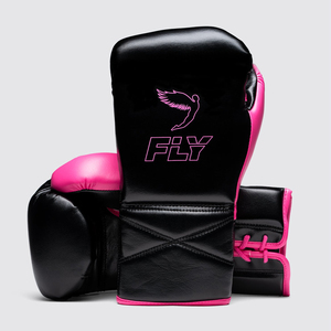Gants de boxe Top Performance X Fly rose et noir en cuir de vachette véritable, gants de sparring avec impression personnalisée, lacets Fly Boxing Gloves - Product Image 1